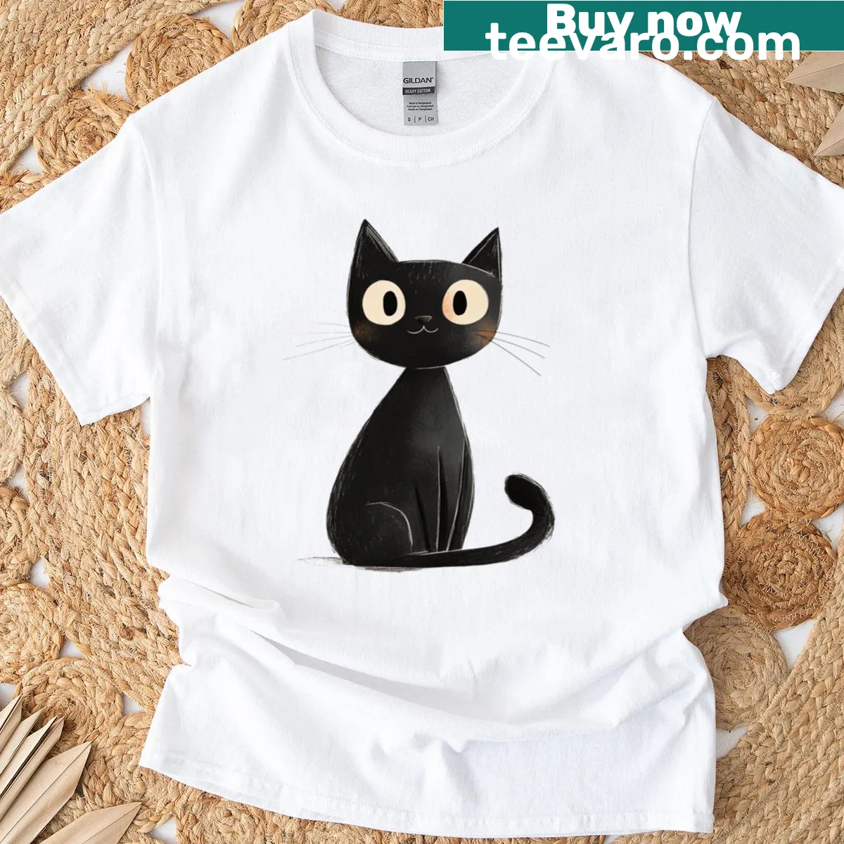 Minimalist cartoon design of a cute black cat on a T-shirt — on a men's t-shirt