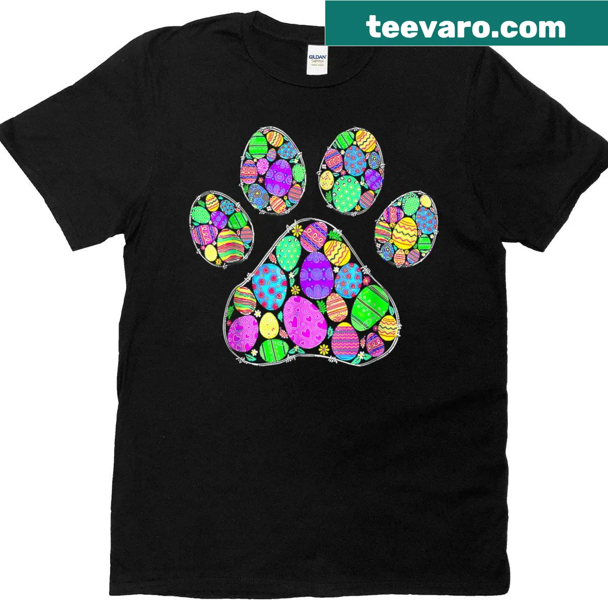 Easter eggs and paw prints design T-shirt — on a men's t-shirt