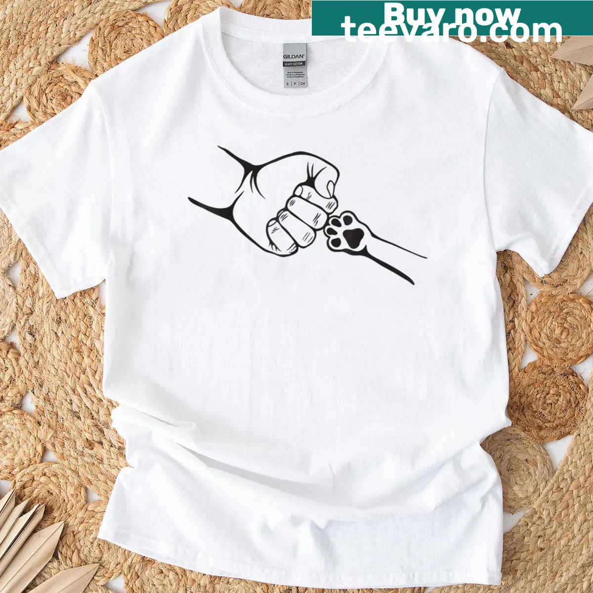 Funny dog and human fist bump illustration on T-shirt — on a men's t-shirt