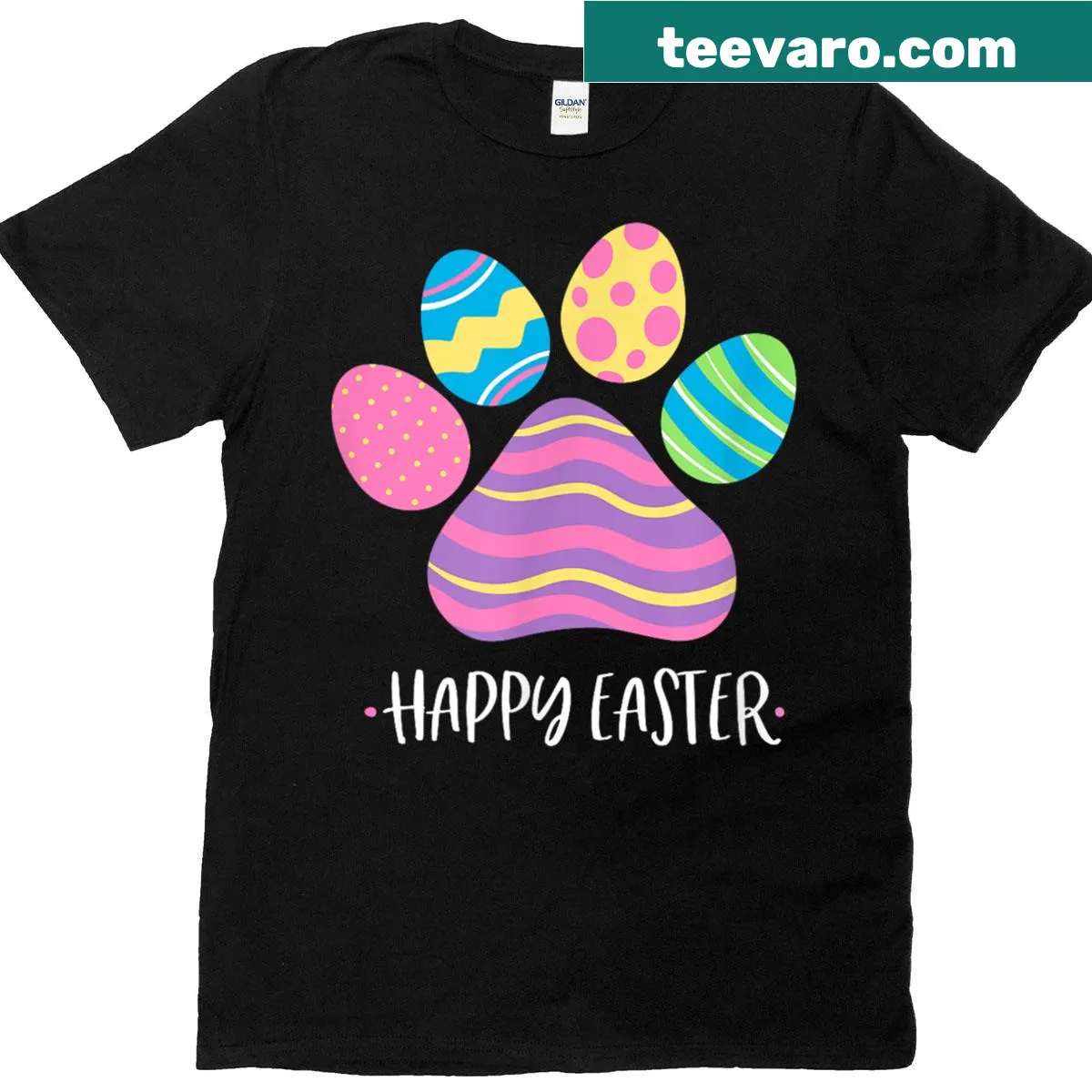 Dog paw Easter design T-shirt with egg graphics — on a men's t-shirt