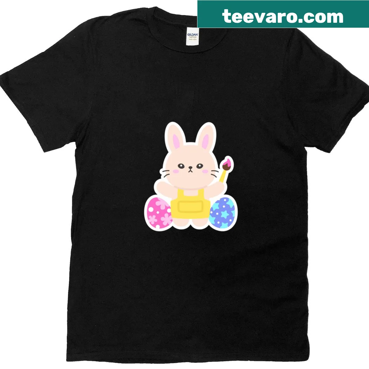 Cute Easter Bunny T-shirt with paintbrush and eggs design — on a men's t-shirt
