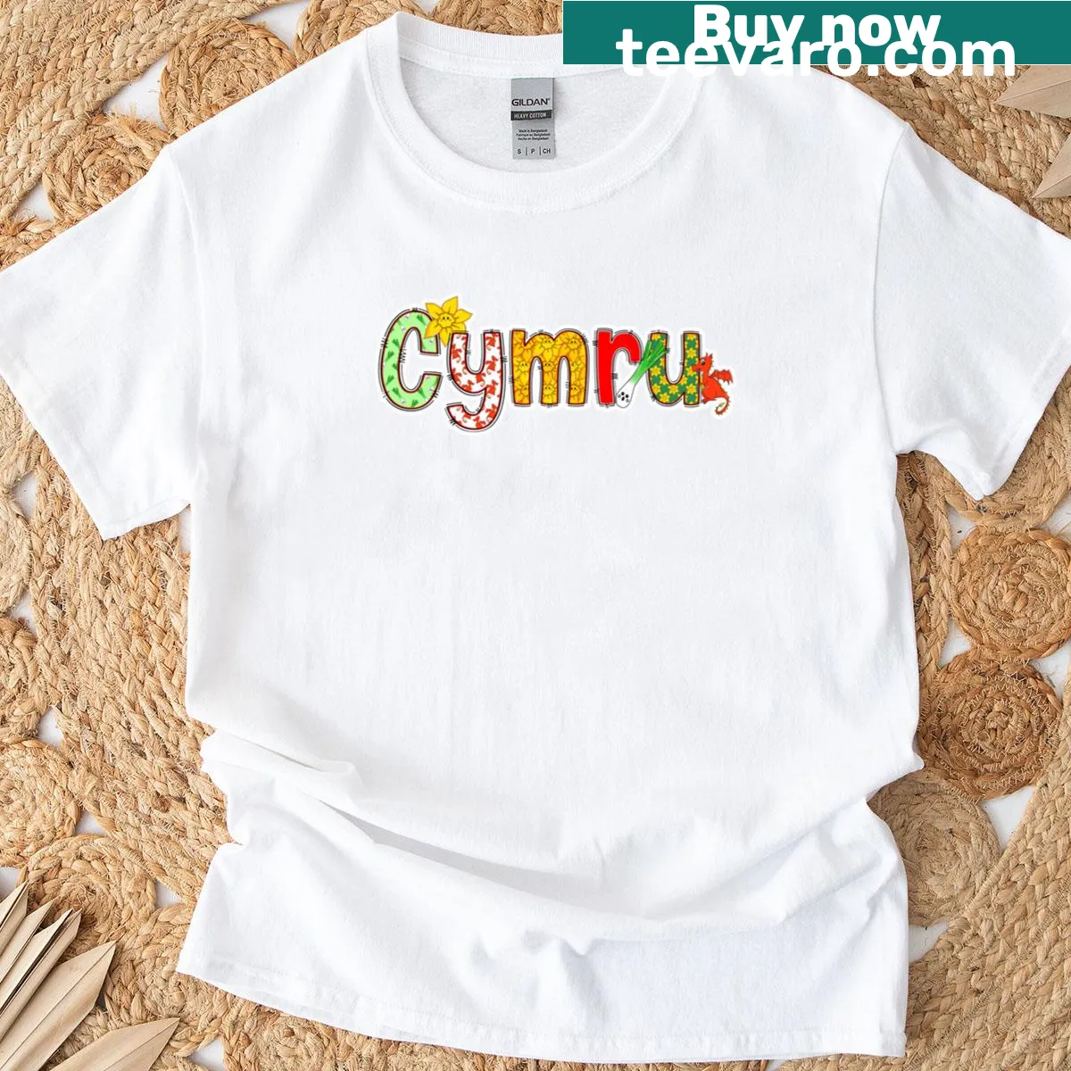 Cymru graphic with daffodils, dragons, and leeks on a t-shirt — on a men's t-shirt