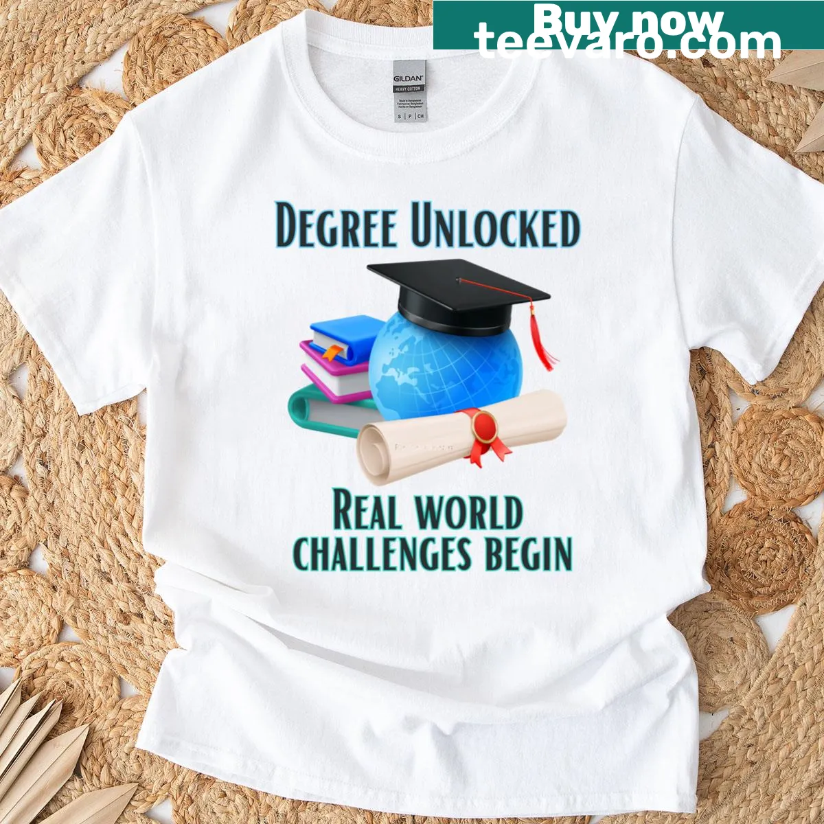 Inspirational graduation T-shirt with 'Real World Challenges Begin' text. — on a men's t-shirt