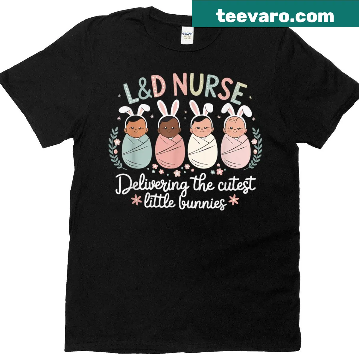 Cute Easter-themed t-shirt featuring bunnies for nurses — on a men's t-shirt