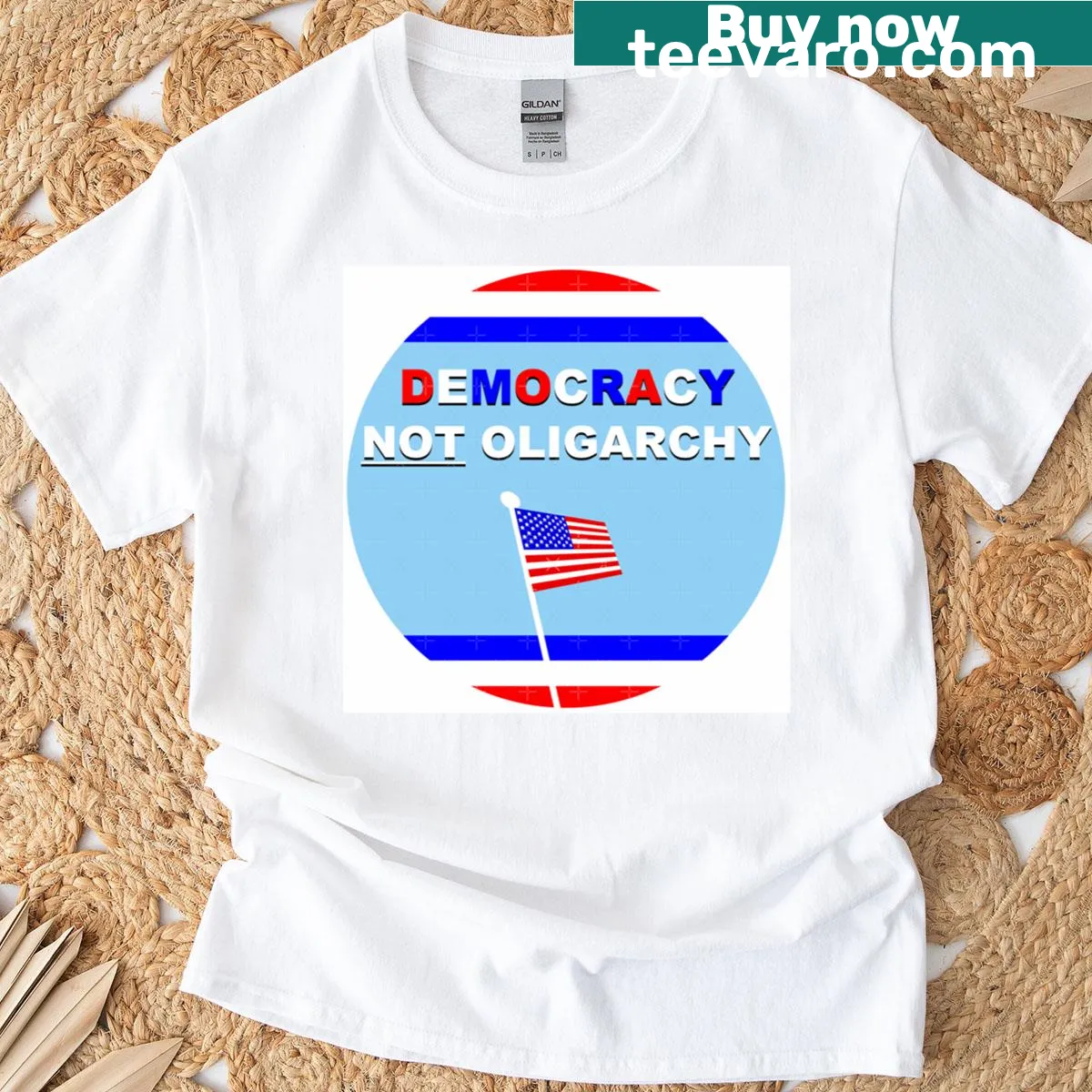 Text tee with the phrase 'Democracy Not Oligarchy' in bold typography — on a men's t-shirt