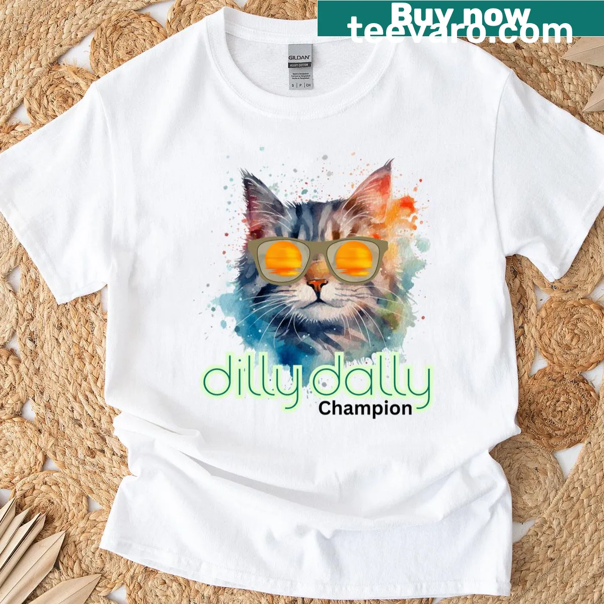 Cartoon T-shirt featuring a champion cat in sunglasses with funny text. — on a men's t-shirt