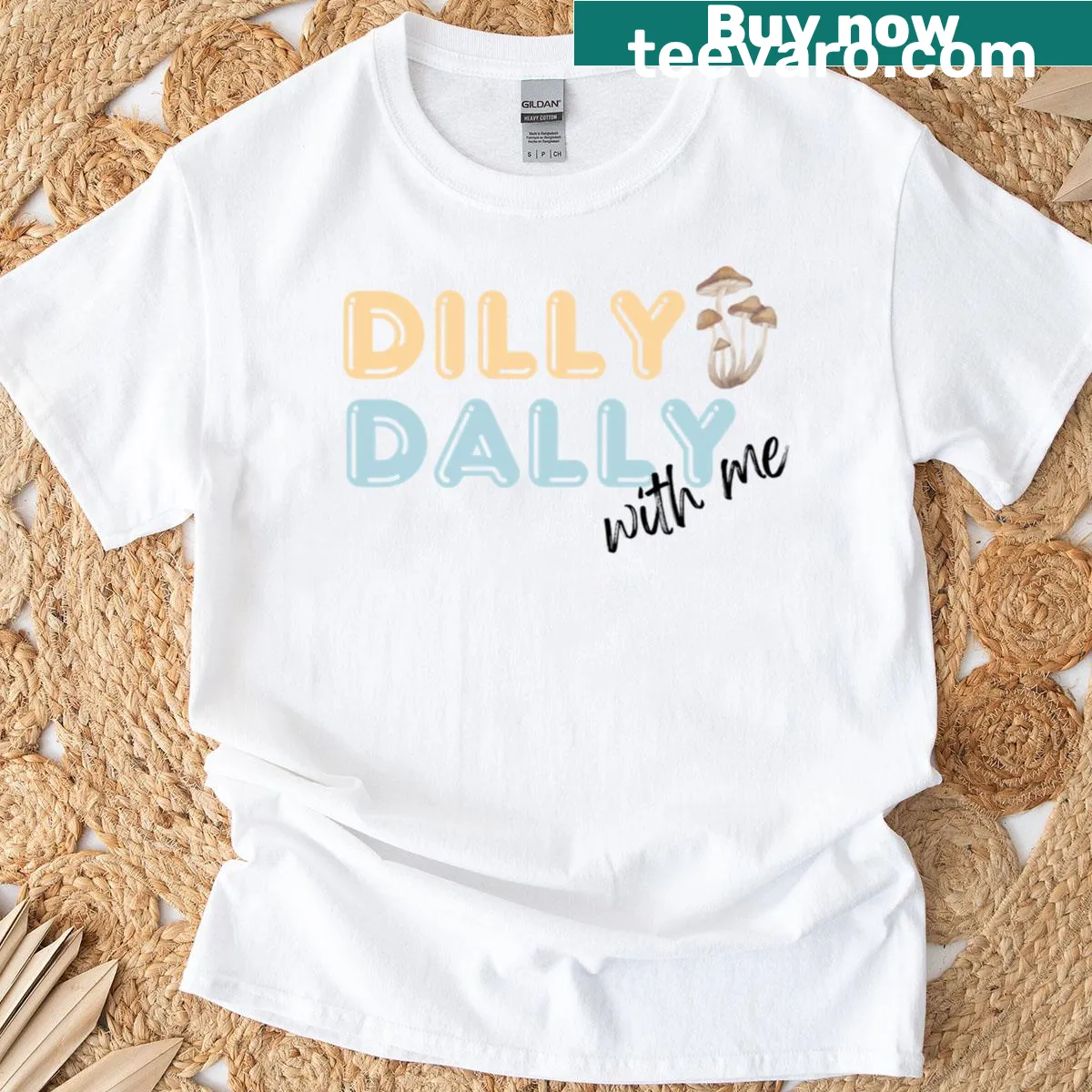 Kawaii T-shirt featuring cute mushrooms inviting to 'Dilly Dally.' — on a men's t-shirt
