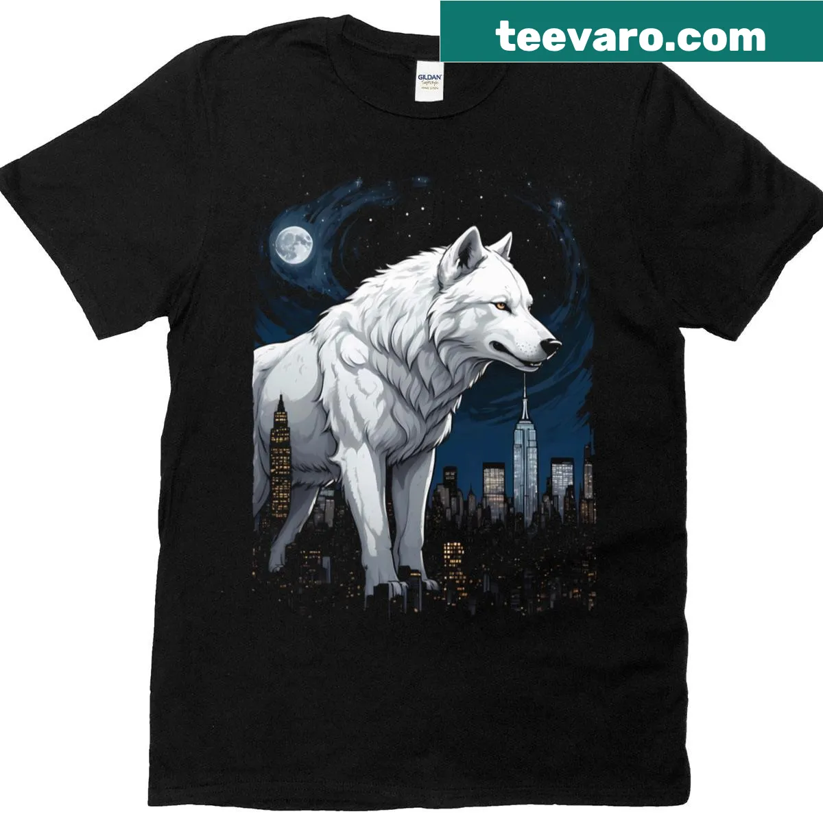 Illustrative dire wolf graphic t-shirt representing ancient power. — on a men's t-shirt