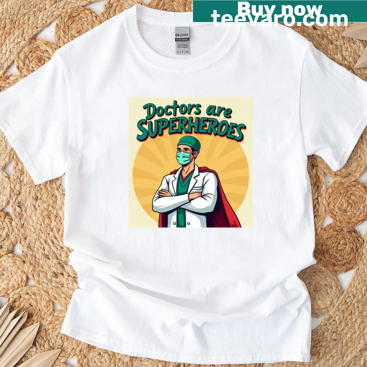 Bold T-shirt with 'Doctors Are Superheroes' text celebrating medical professionals. — on a men's t-shirt