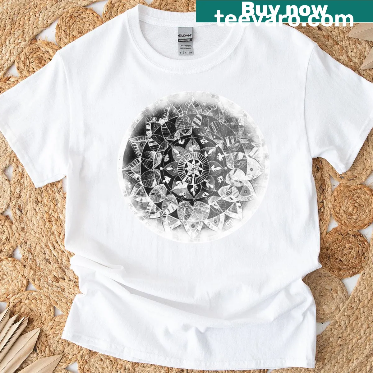Illustrated dream world scene on a black and white T-shirt — on a men's t-shirt
