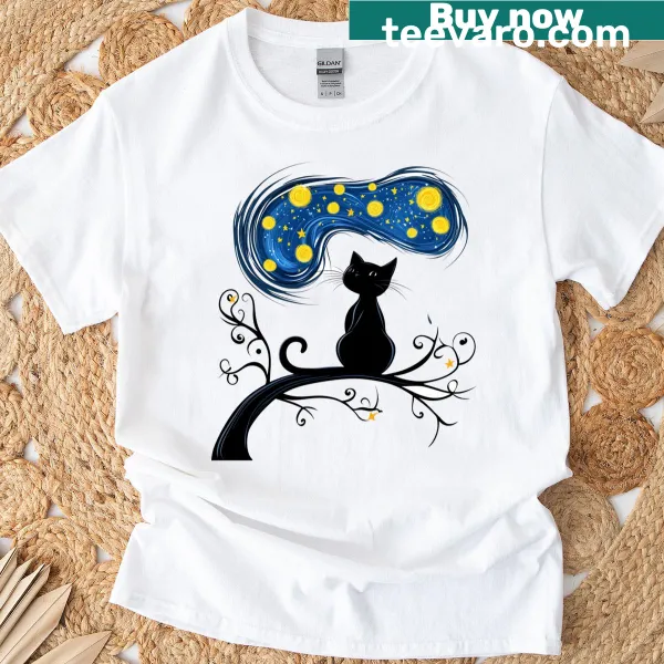 Illustrative cat t-shirt with starry whiskers and a dreamy design