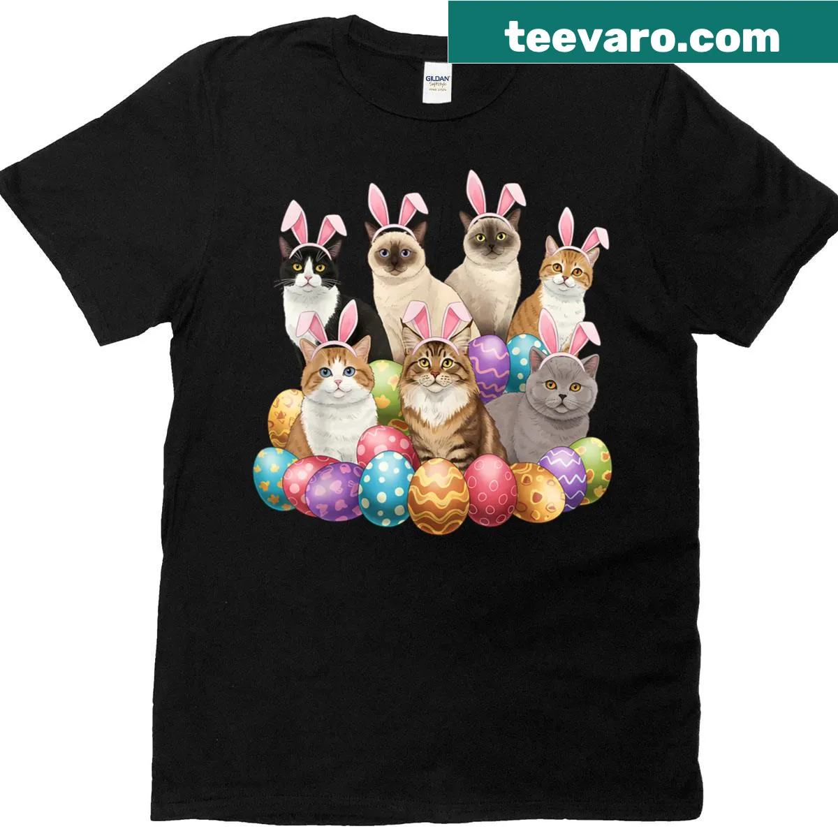 Cat with bunny ears and Easter eggs graphic T-shirt — on a men's t-shirt