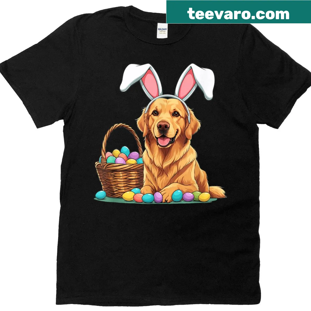 Golden retriever wearing bunny ears graphic T-shirt — on a men's t-shirt