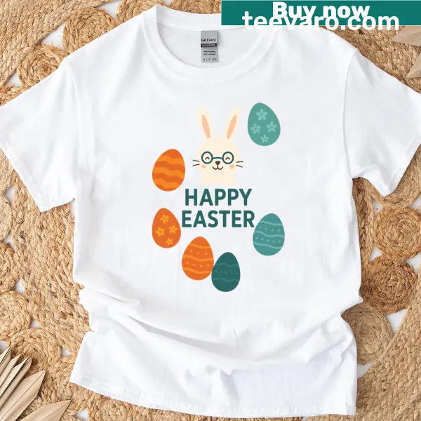 Cheerful Easter T-shirt with a rabbit and colorful eggs design