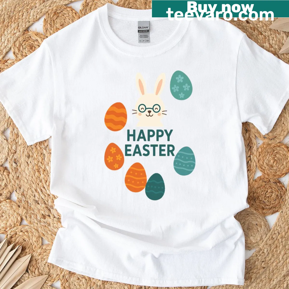 Cheerful Easter T-shirt with a rabbit and colorful eggs design — on a men's t-shirt