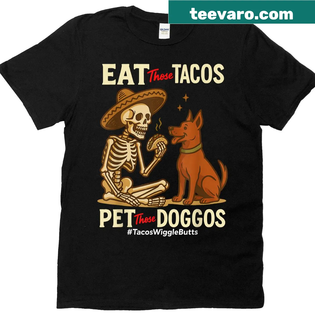 Funny t-shirt about tacos and dogs with playful typography — on a men's t-shirt