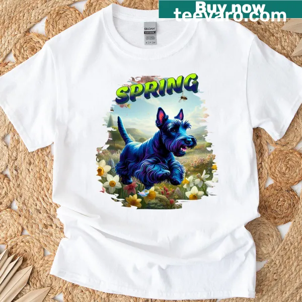 Bright neon illustration of a terrier in a field of flowers on a t-shirt