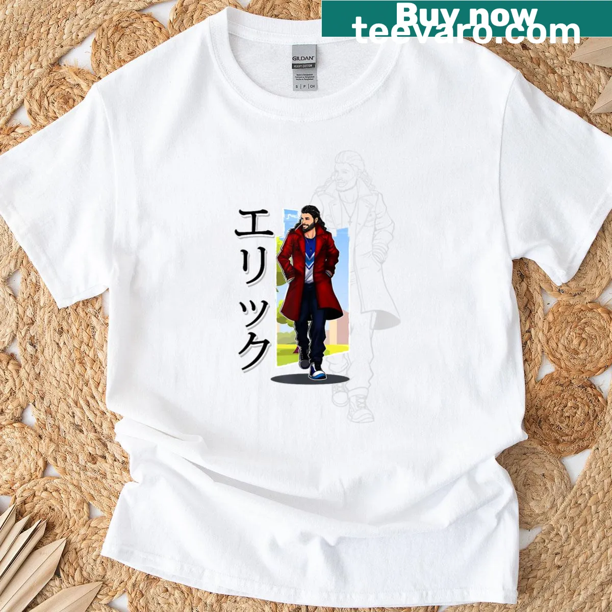 Illustrative graphic depicting a fantasy battle scene on a T-shirt — on a men's t-shirt
