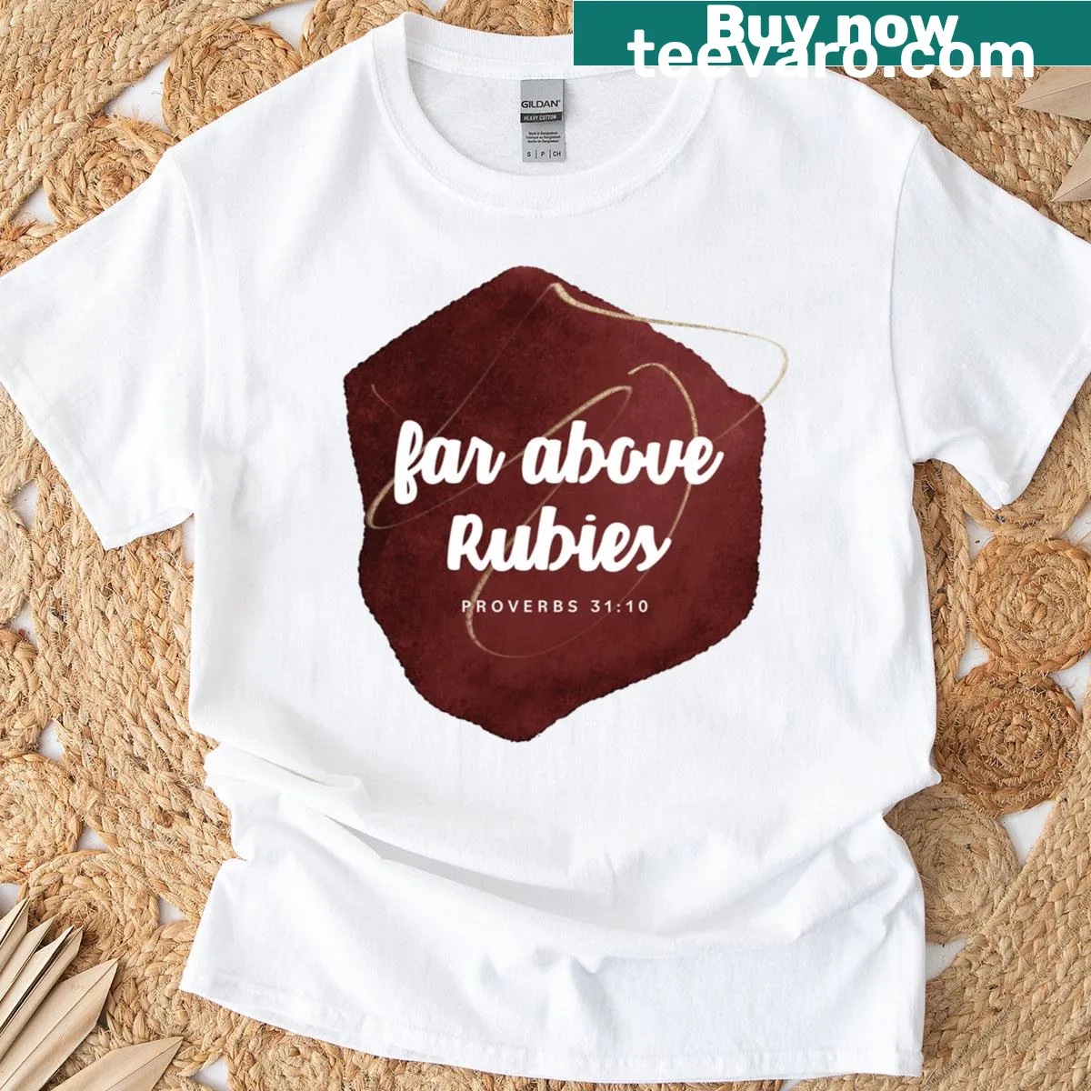 Bold typography t-shirt with the phrase 'Far Above Rubies' — on a men's t-shirt