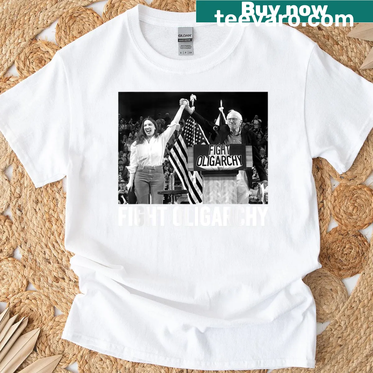 Silhouette t-shirt featuring Bernie Sanders and AOC — on a men's t-shirt