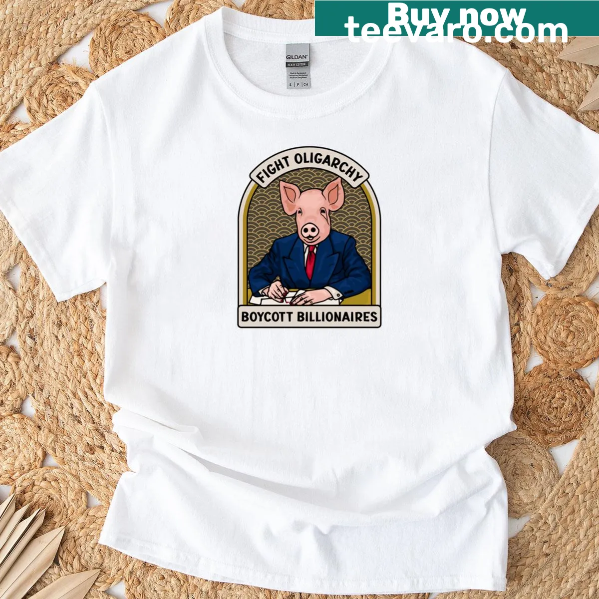 T-shirt with the message 'Fight Oligarchy - Boycott Billionaires' in bold typography — on a men's t-shirt