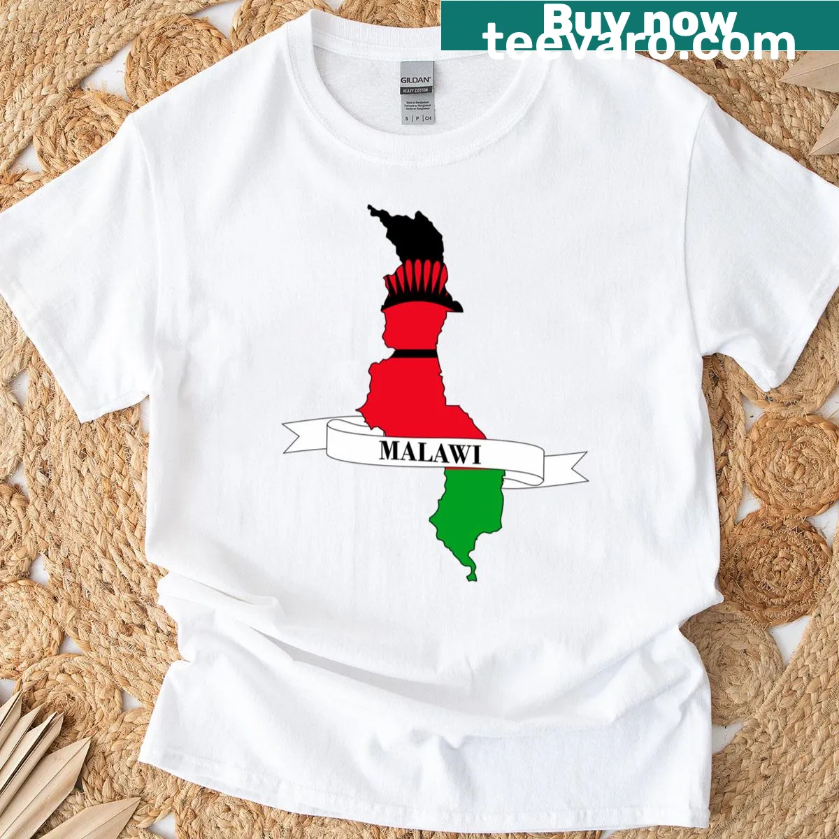 Map outline of Malawi featuring its flag design on a T-shirt. — on a men's t-shirt