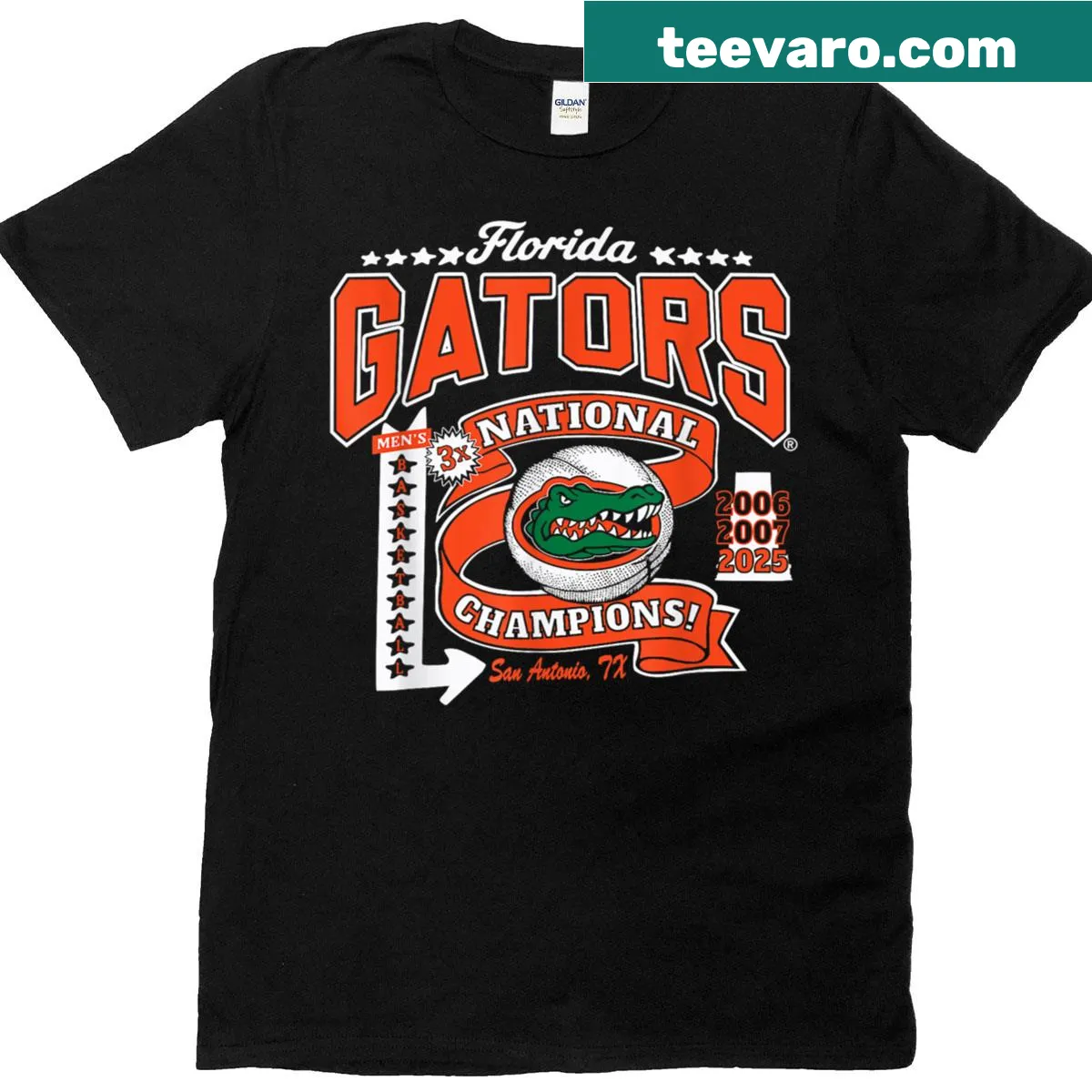 Florida Gators 2025 National Champs T-shirt with star graphics — on a men's t-shirt