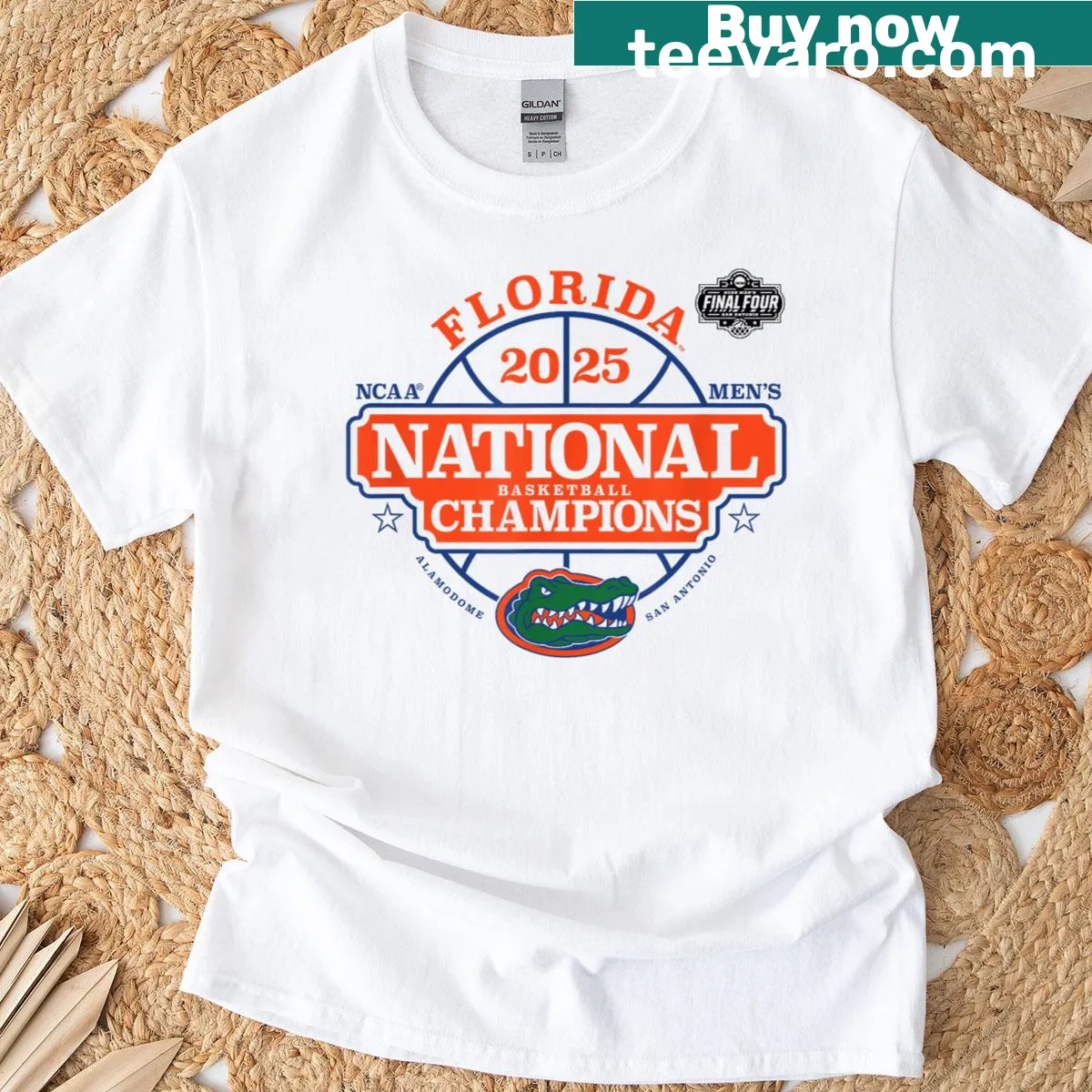 Florida Gators National Champs White T-shirt with logo design — on a men's t-shirt