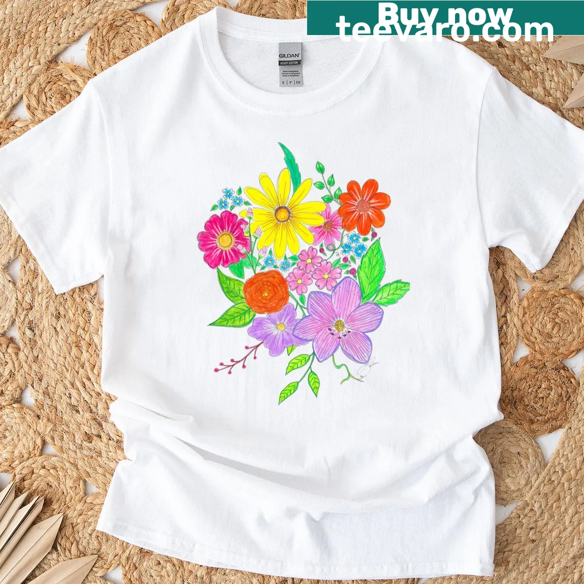 Floral design t-shirt with a variety of illustrated flowers — on a men's t-shirt