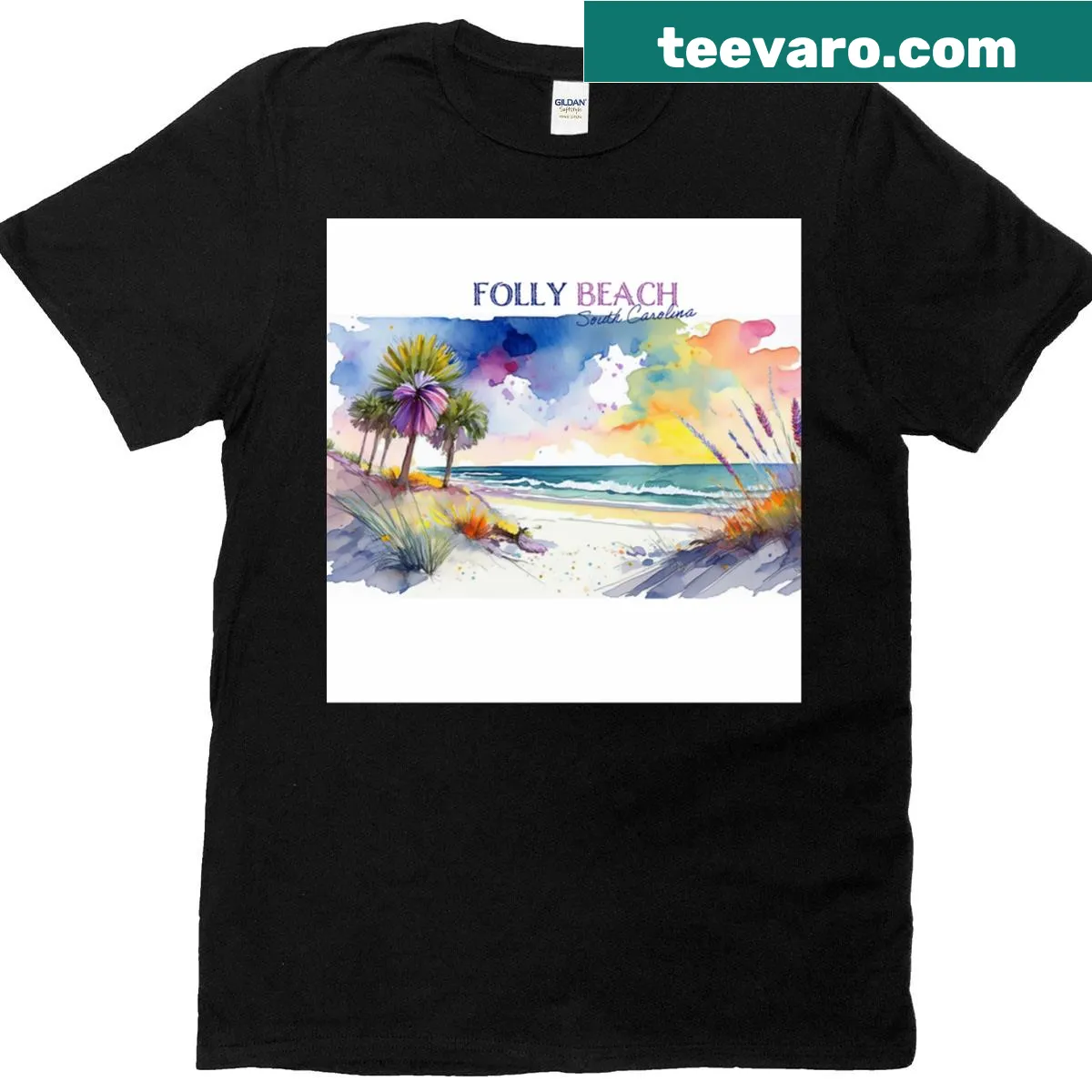 Illustrative beach-themed t-shirt representing Folly Beach, SC — on a men's t-shirt