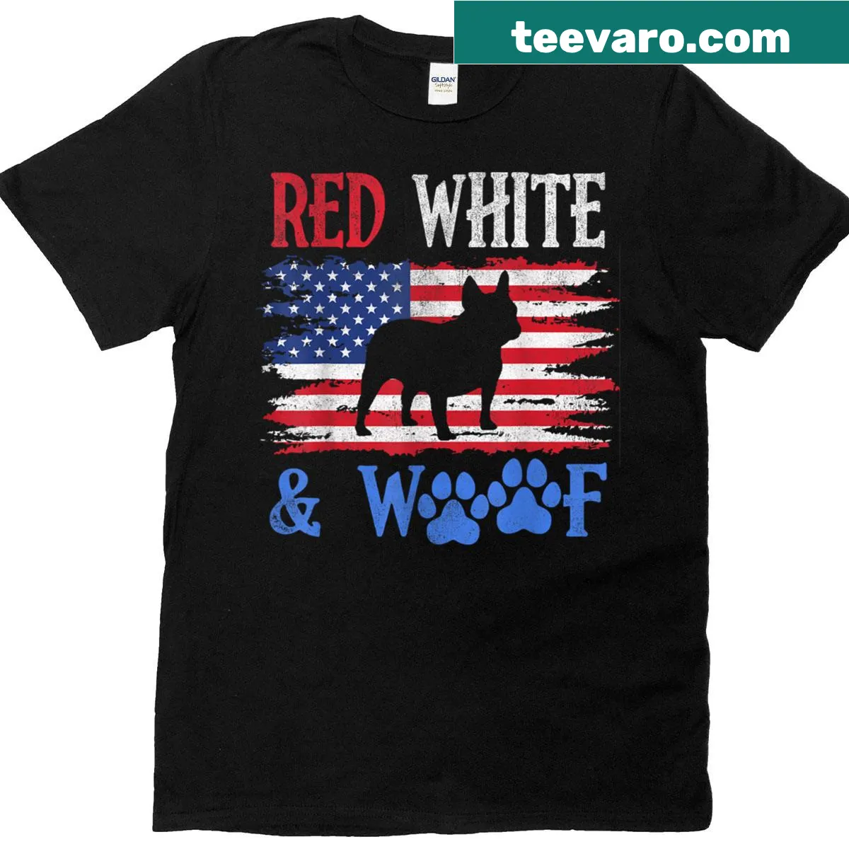 French Bulldog with American flag and 'Woof' text on a t-shirt — on a men's t-shirt