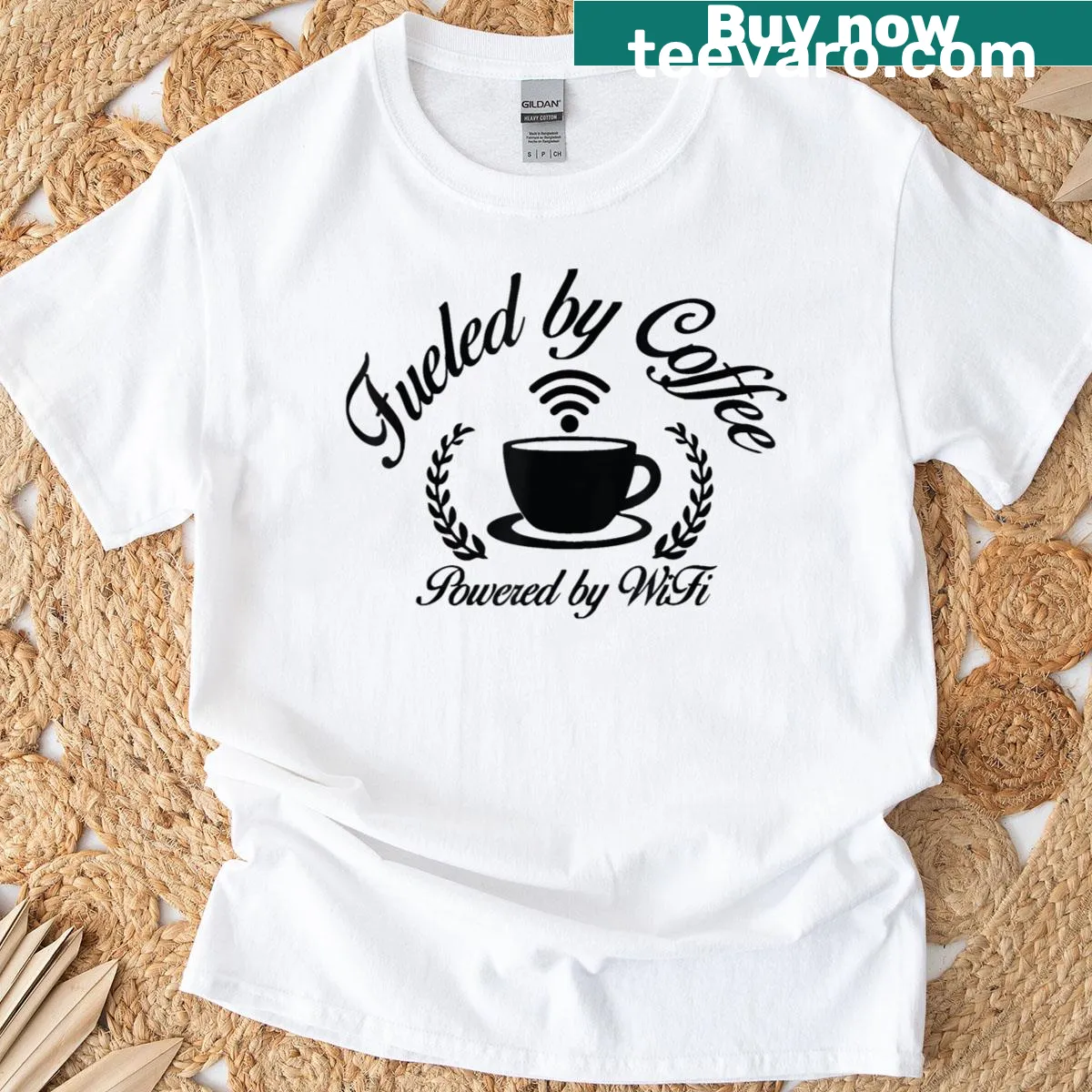 Funny t-shirt with 'Fueled By Coffee Powered By Wifi' text — on a men's t-shirt