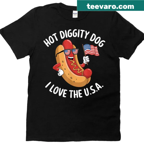 Funny hotdog-themed T-shirt for 4th of July celebration with USA flag design
