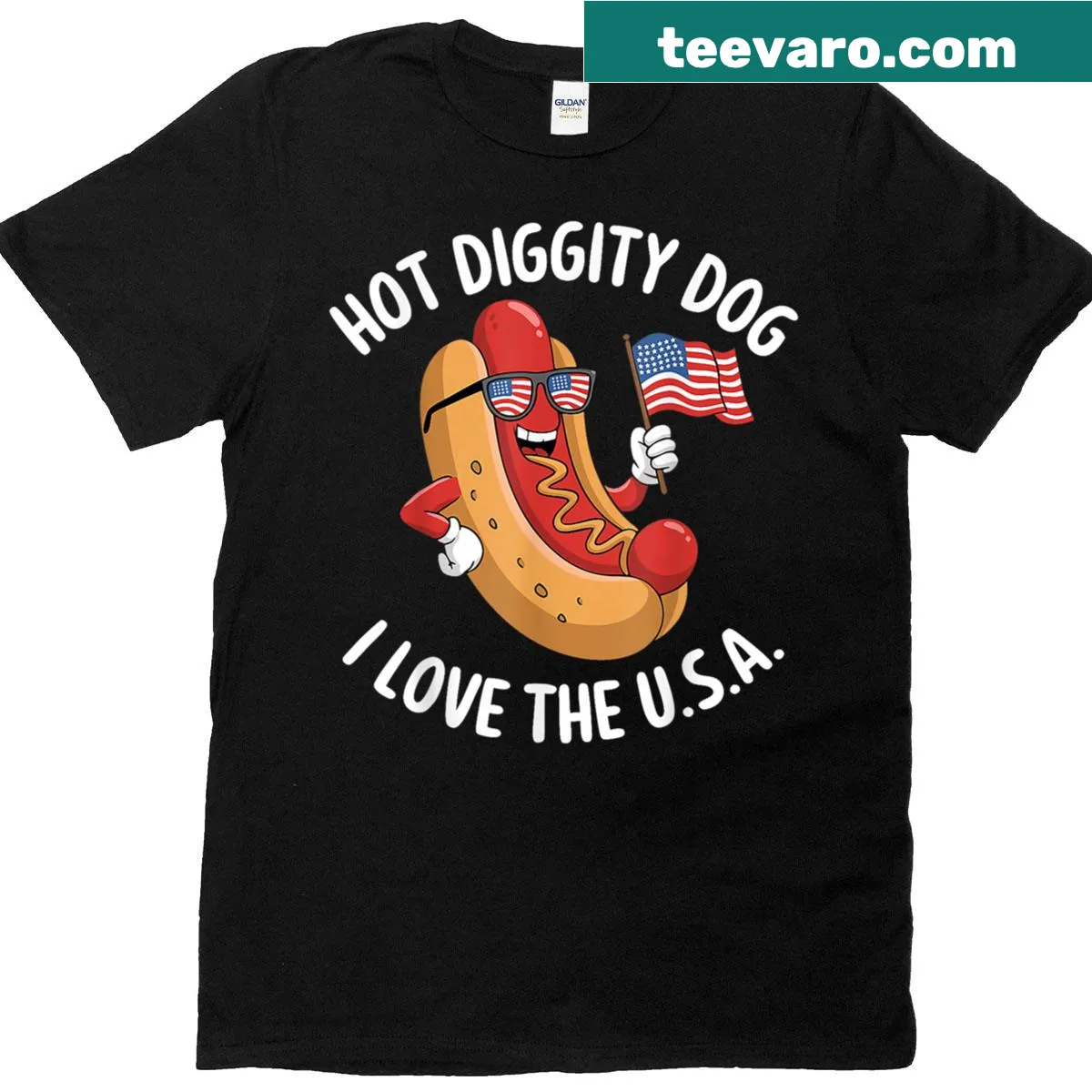 Funny hotdog-themed T-shirt for 4th of July celebration with USA flag design — on a men's t-shirt
