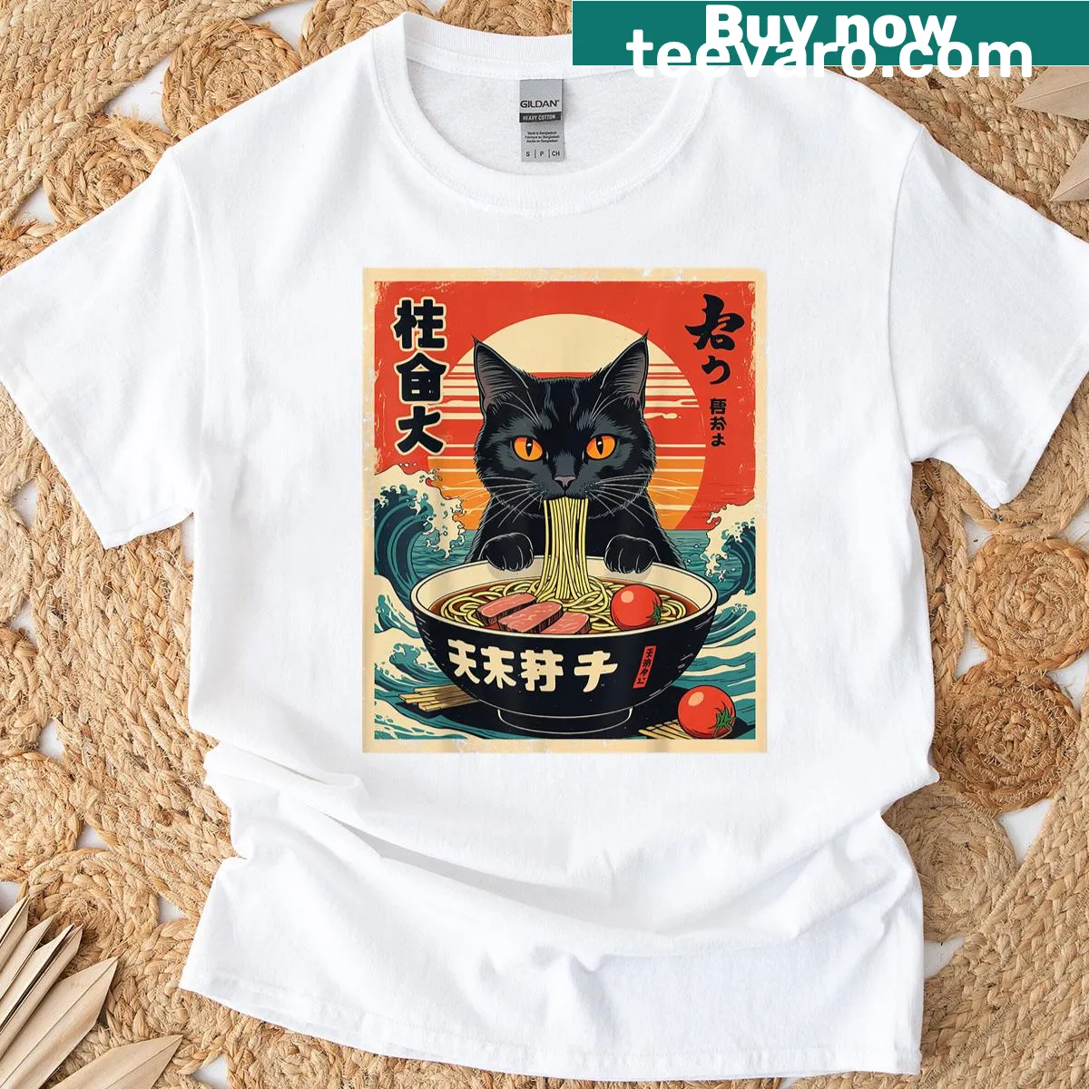 Cute anime cat ramen t-shirt — on a men's t-shirt
