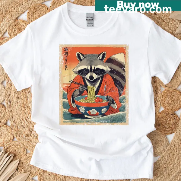 Anime raccoon eating ramen graphic t-shirt