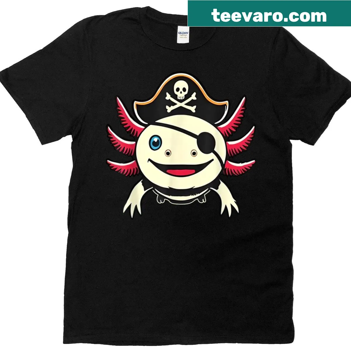 Cute axolotl pirate T-shirt for Halloween with cartoon design — on a men's t-shirt
