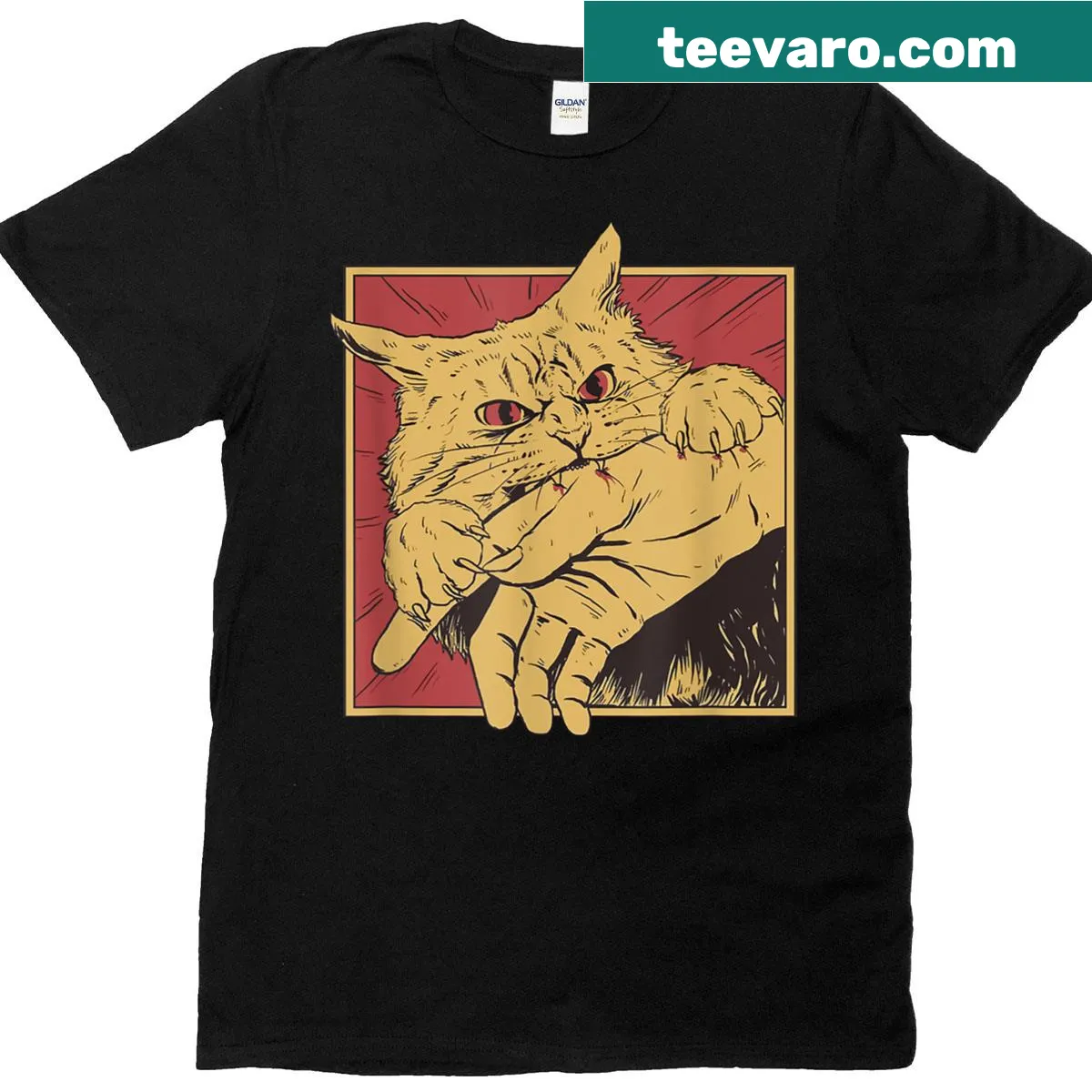 Anime-style cat graphic T-shirt with a humorous bite theme — on a men's t-shirt