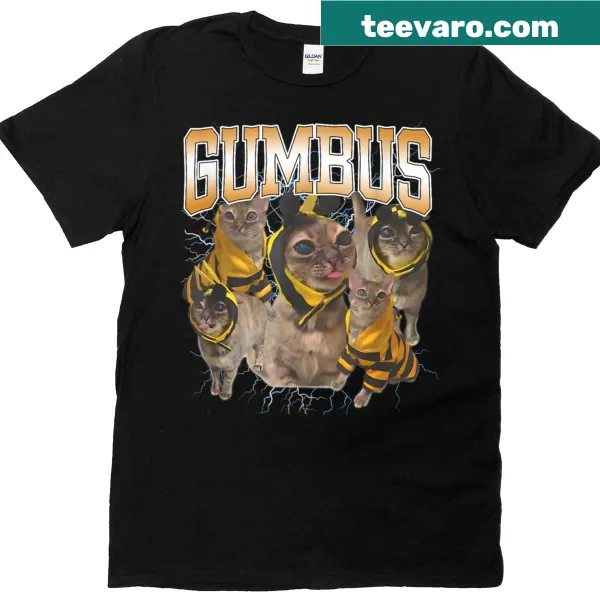 Cute graphic of Gumbus the cat on a women's t-shirt