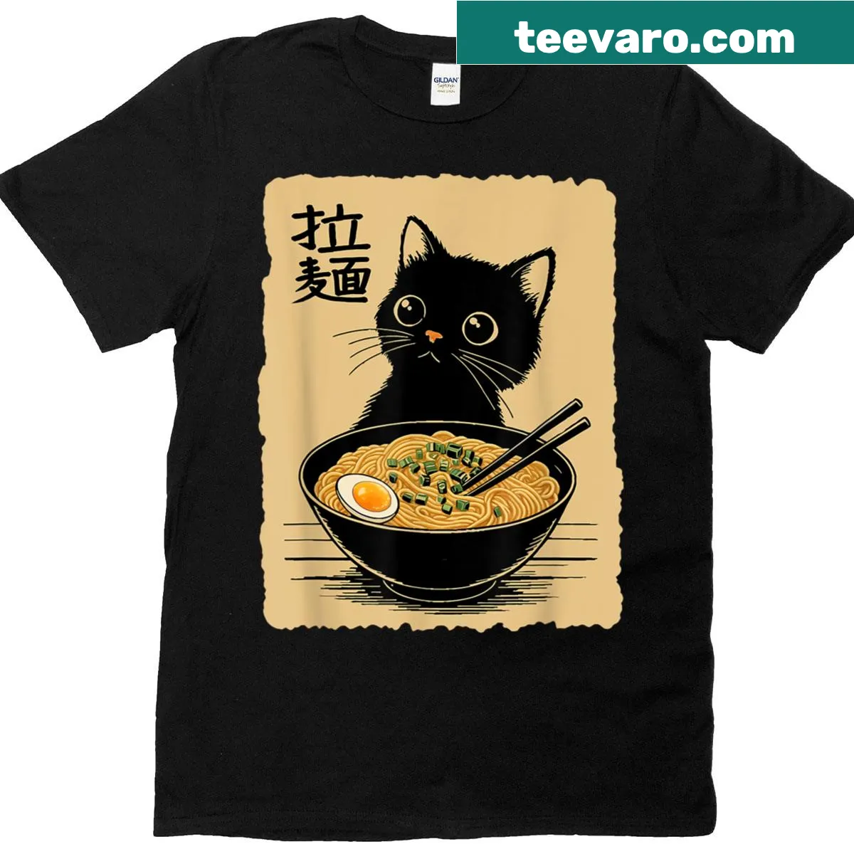 Cute ramen-loving cat graphic T-shirt in kawaii style — on a men's t-shirt