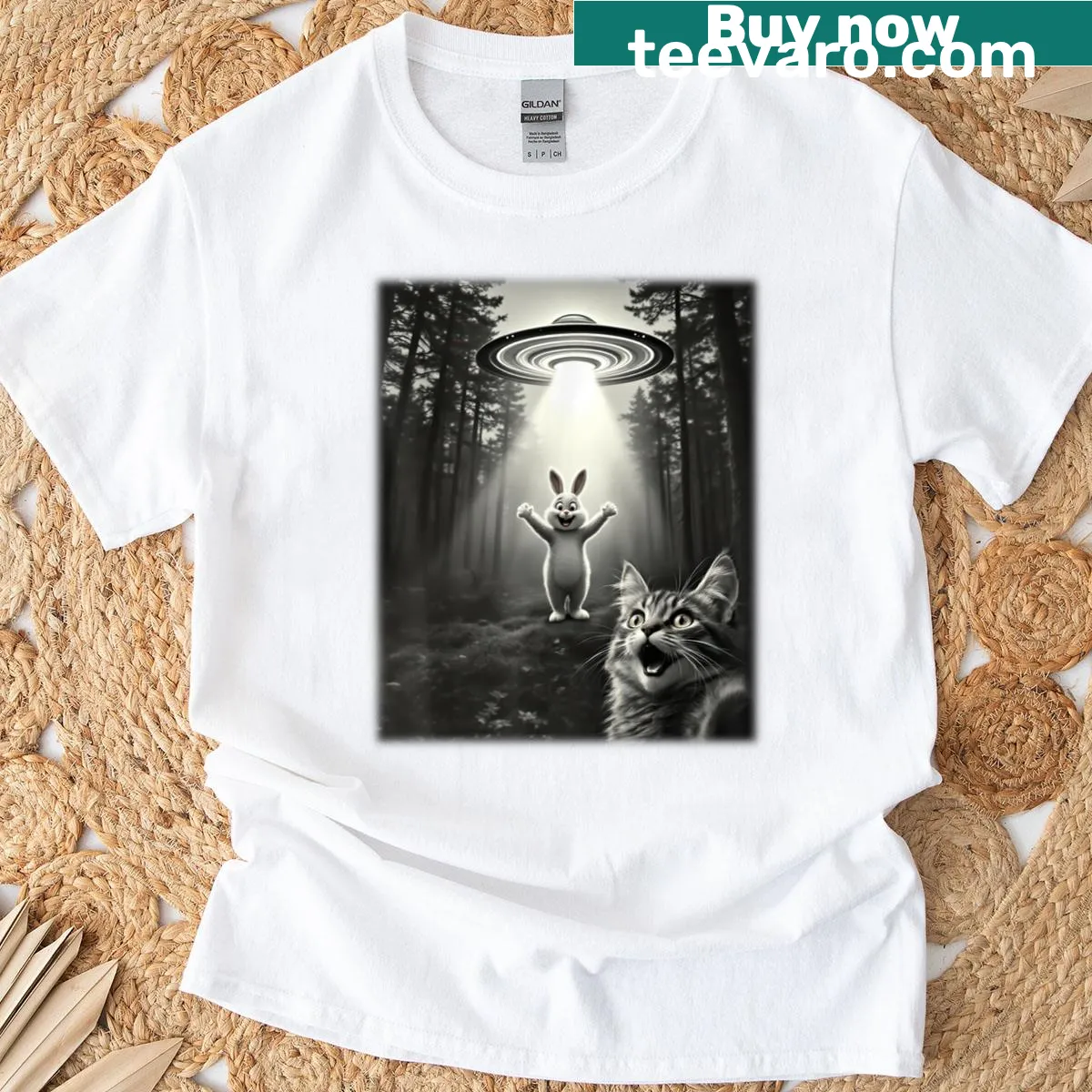 Funny graphic of a cat taking a selfie with an Easter bunny and UFO — on a men's t-shirt