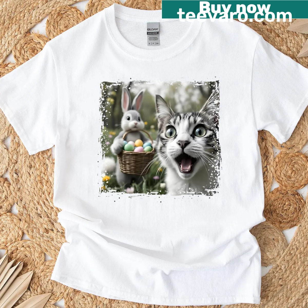 Cute cat selfie with the Easter Bunny graphic for Easter shirt — on a men's t-shirt