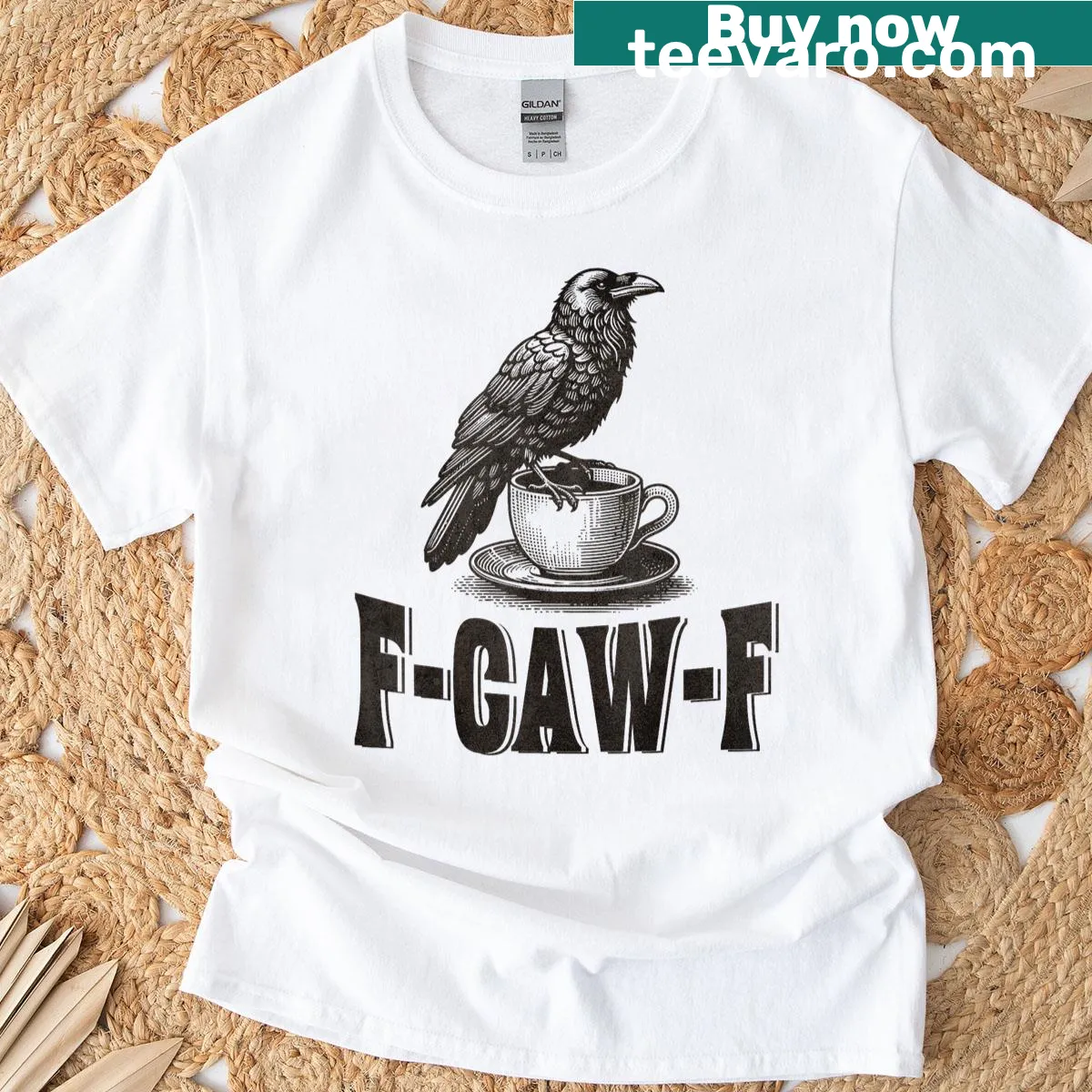 Graphic tee with 'F-caw-f' humorous crow coffee design — on a men's t-shirt