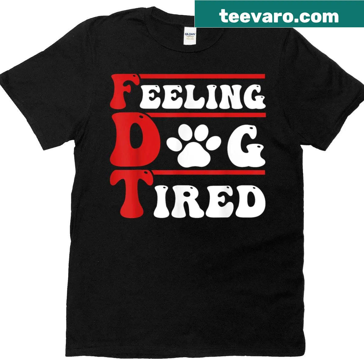 Funny t-shirt depicting a tired dog with playful text — on a men's t-shirt
