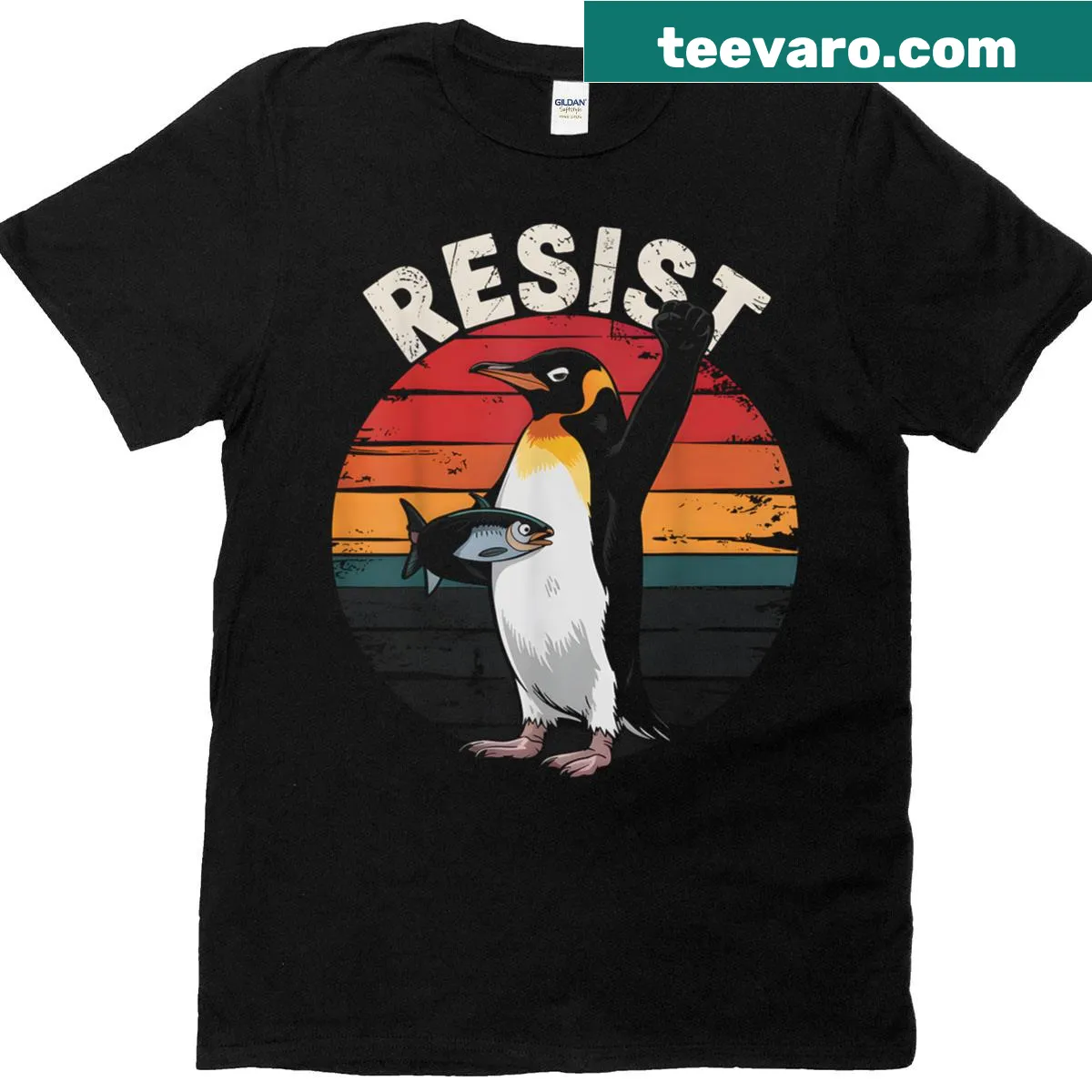 Graphic of penguins humorously protesting with text about tariffs — on a men's t-shirt