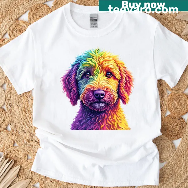 T-shirt with a colorful illustration of a Goldendoodle's face