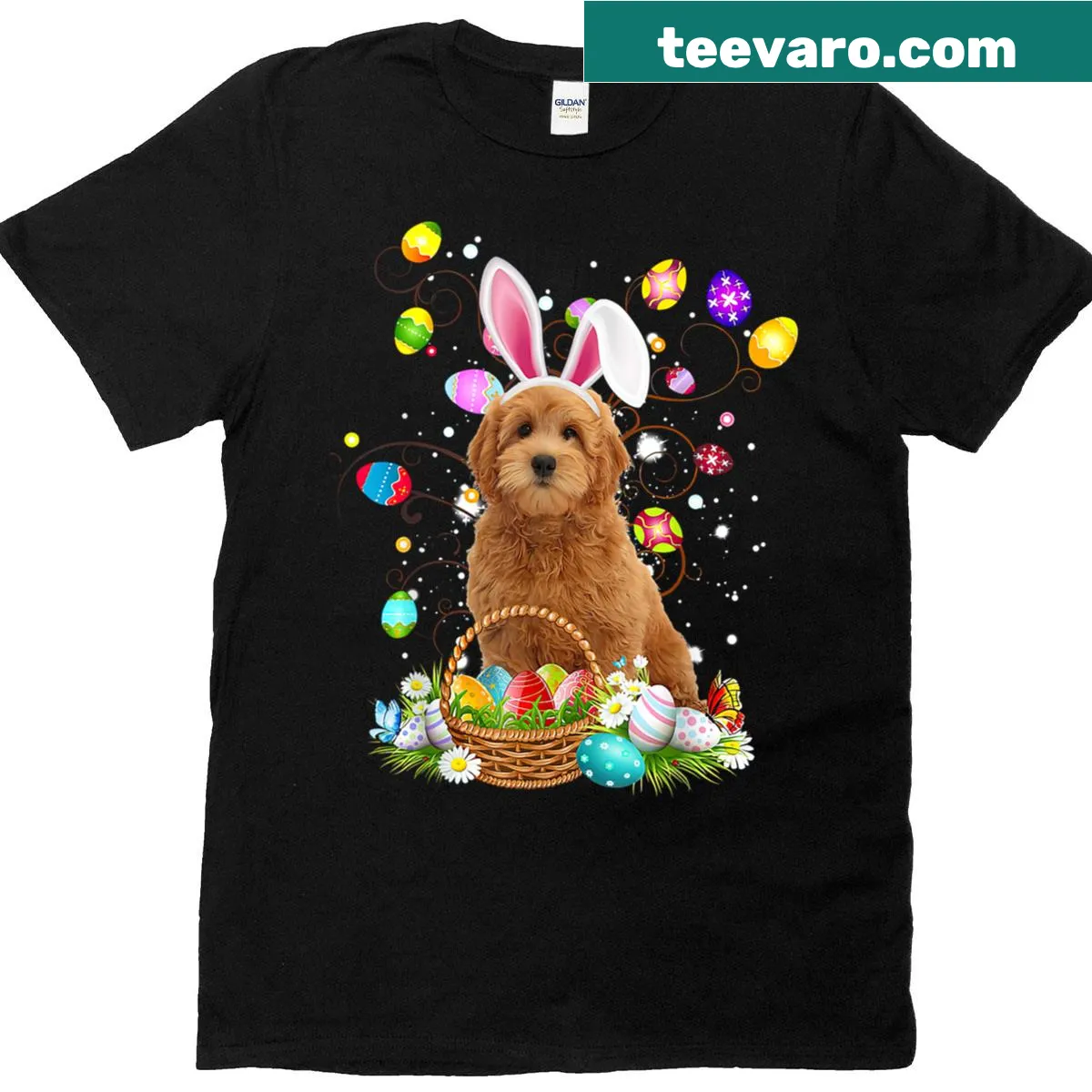Goldendoodle Easter Egg Hunting graphic T-shirt — on a men's t-shirt