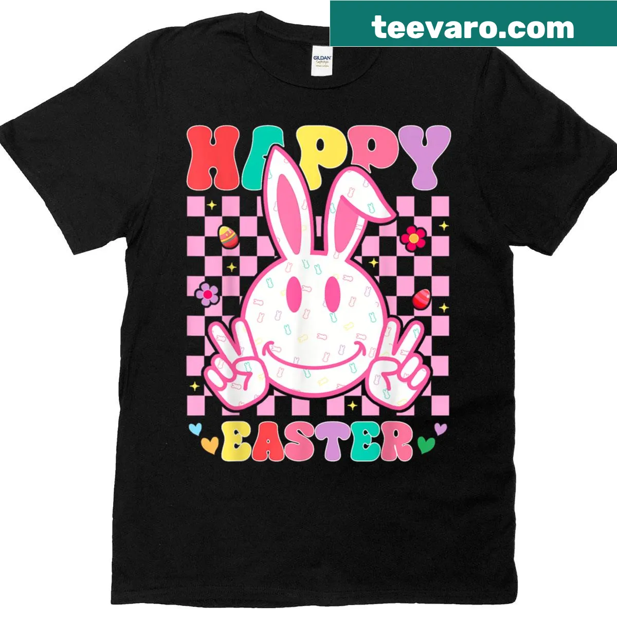 Cartoon bunny with a smile on a T-shirt for Easter — on a men's t-shirt