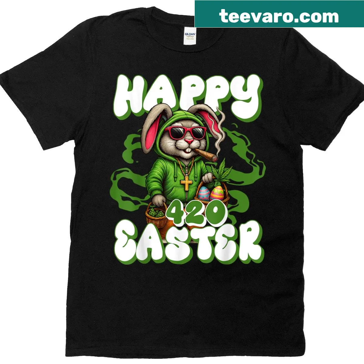 Funny Easter Bunny t-shirt with a smoking cartoon bunny graphic — on a men's t-shirt