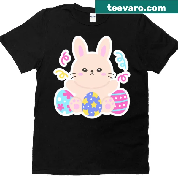 Easter t-shirt featuring bunny, colorful eggs, and streamers